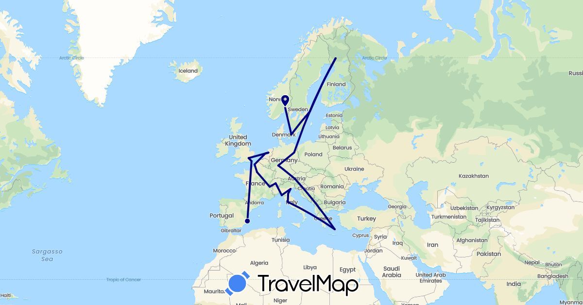 TravelMap itinerary: driving in Austria, Switzerland, Germany, Denmark, Spain, Finland, France, United Kingdom, Greece, Italy, Netherlands, Norway, Sweden (Europe)